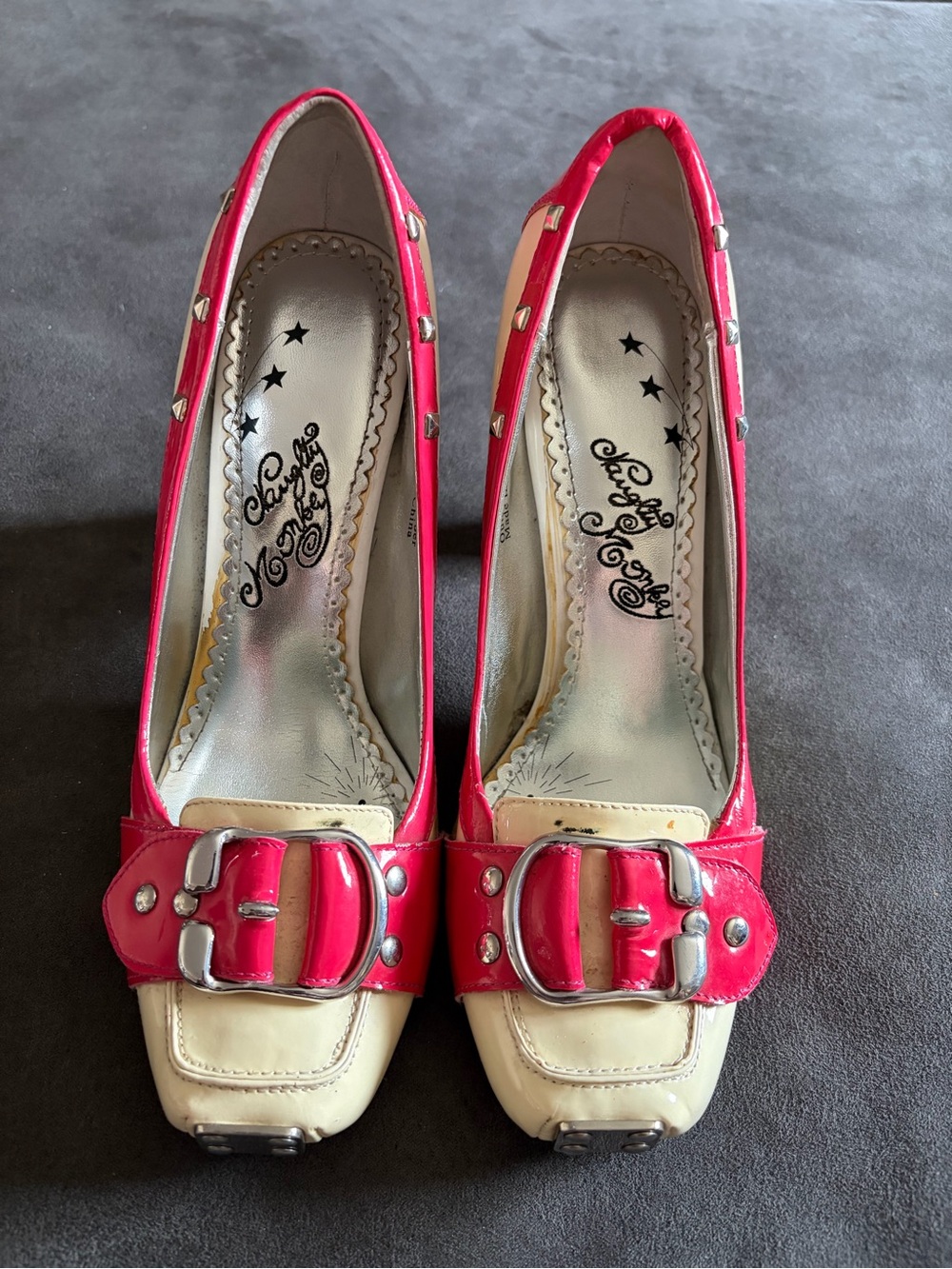 Naughty Monkey Pink Cream Patent Studded Buckle Heels Size 8 Y2K